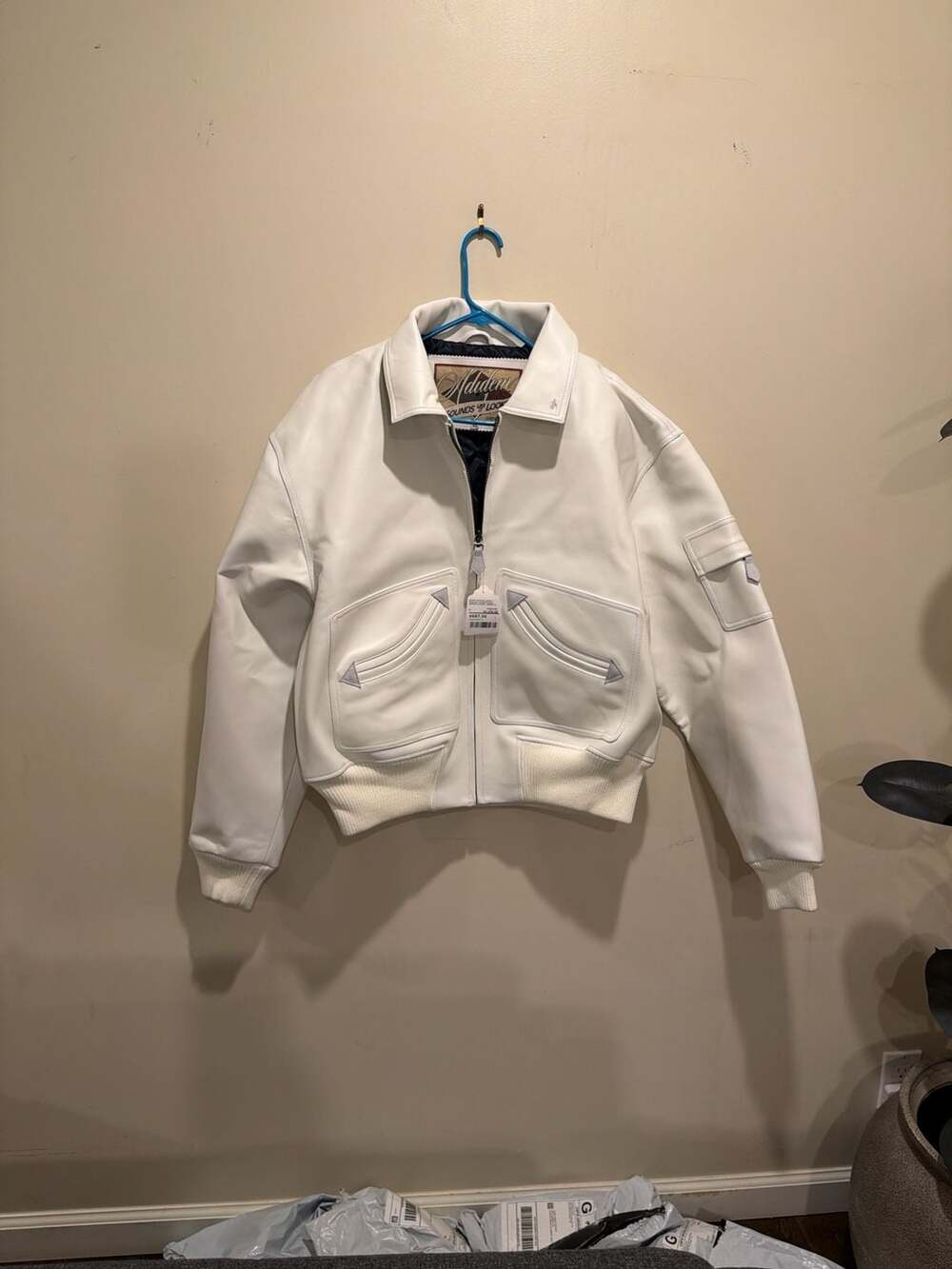 Adidem Asterisks White Lambskin Leather Bomber Jacket Size XL